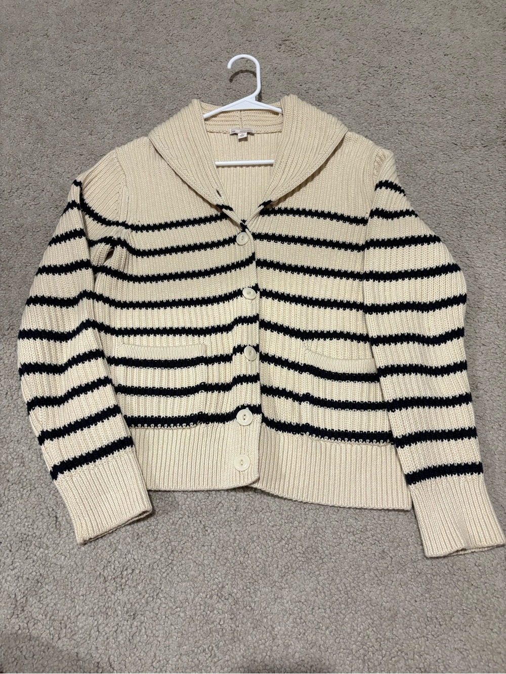 GAP Cream Shawl-Collar Button Cardigan with navy Stripes